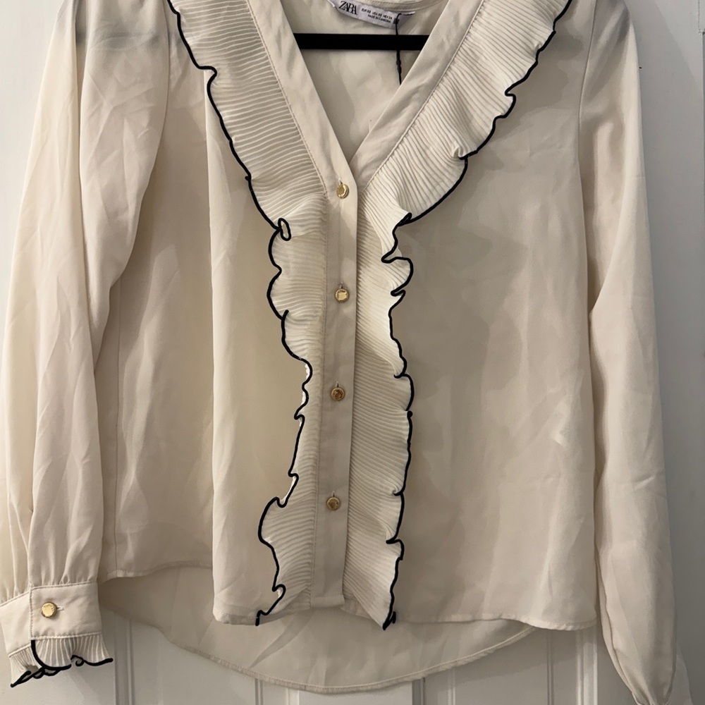 Zara Cream Ruffle-Trim Blouse with Black Piping
